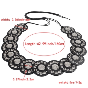 Bohemian black waist belt with silver metal grommets and round leather discs for dresses