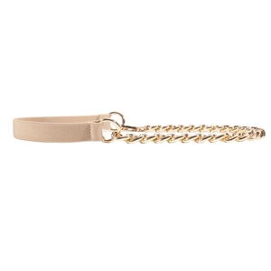 Close-up of beige elastic strap and gold metal curb chain detail on a women fashion belt