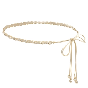 Elegant white pearl woven belt for women with crystal details and bow tie knot