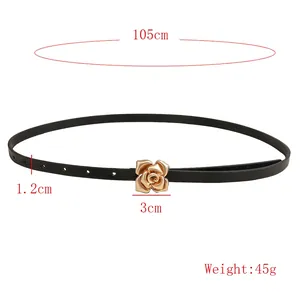 Elegant black leather thin belt for women featuring a gold rose buckle and adjustable holes