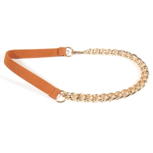 Chic brown elastic waist belt with gold chain link and metal ring for women dresses