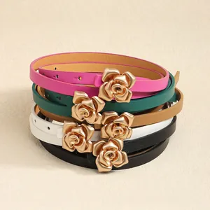 Set of 5 women's slim belts with gold 3D rose buckles in various elegant colors