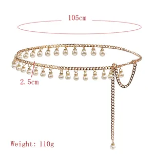 Elegant gold alloy waist chain with white imitation pearls for dresses 105cm length