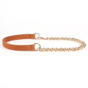 Detail of brown elastic webbing joined with chunky gold metal chains for belts