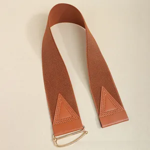 Detailansicht eines braunen elastischen Taillengürtels mit goldener U-Schnalle und Leder