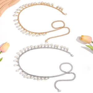 Elegant gold and silver waist chains with pearls and fringe tassels for dresses