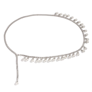 Close-up of elegant pearl waist chain with silver metal lobster clasp and tassels