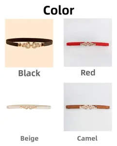 Elastic skinny waist belts for women in black, red, beige and camel with gold metal buckles