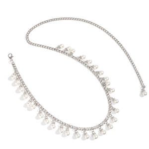 Close-up of silver chain belt featuring high-luster pearls and lobster clasp closure