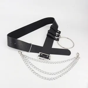 Fashion punk black leather wide belt with large silver ring and hanging metal chains