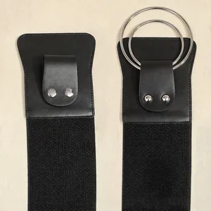 Wide black elastic waist belt for women with decorative silver double ring metal buckle