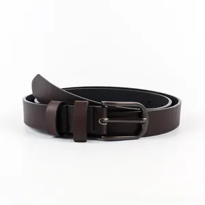 Close-up of black leather belt with gunmetal pin buckle and double loop design