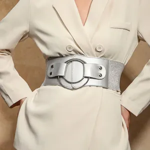 Fashion Women Wide Corset Belt Double Round Ring Alloy Buckle Elastic PU Leather Waist Seal For Dress Suit Accessories