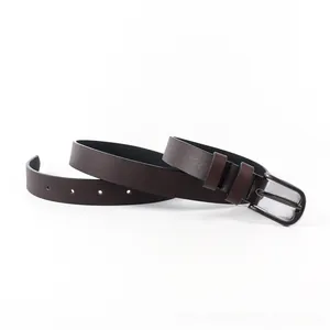 Close-up of dark brown leather belt with a gun-black metal buckle and round pin detail