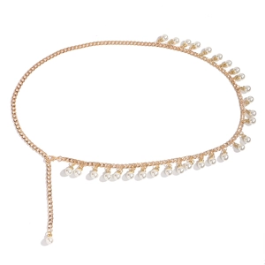 Elegant gold metal waist chain with hanging imitation pearls and adjustable lobster clasp