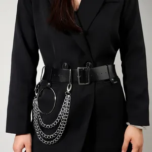 Punk Wide PU Leather Belt With Metal Ring And Multi Layer Chains For Women Hip Hop Decorative Waistband For Suit Shirt