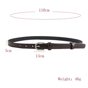 Ceinture élégante en cuir marron foncé pour femme avec boucle en métal argenté en forme de U