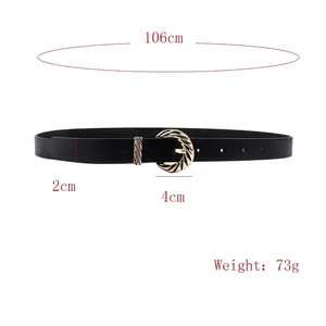 Women's black faux leather belt featuring a textured gold buckle and precise dimensions