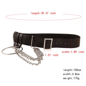 Punk black PU leather wide belt with silver chains and large O-ring detail for women