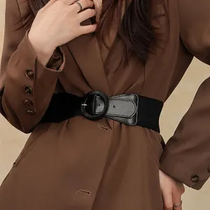Women Wide Elastic Waist Seal Belt Large Round Pin Buckle Minimalist Stretch Corset Belt For Suits Coats Lady Accessory