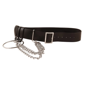 Punk style black leather belt with silver metal chains and large O-ring decoration