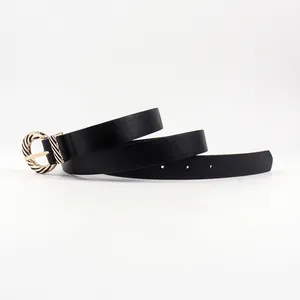 Elegant black leather belt for women featuring a vintage gold spiral buckle detail