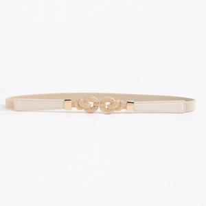 Close-up of beige elastic belt featuring a golden interlocking double-ring buckle detail