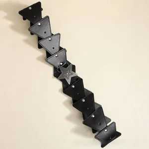 Detailed view of punk style black leather拼接 belt with silver star rivets and relief buckle