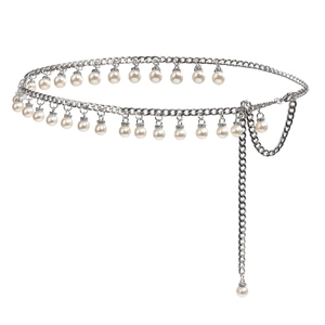Elegant silver chain belt with lustrous white pearls and sparkling rhinestone details