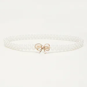 Elegant Faux Artificial Pearl Elastic Waist Belt With Rhinestone Bowknot Buckle For Women Dress Wedding Party Decorative Waist Chain Accessory