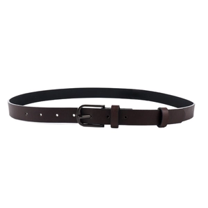 Minimalist dark brown leather belt for women featuring a sleek black metal pin buckle