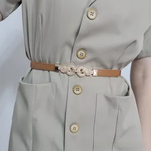 Detail of slim brown elastic belt with golden textured double ring buckle on a dress