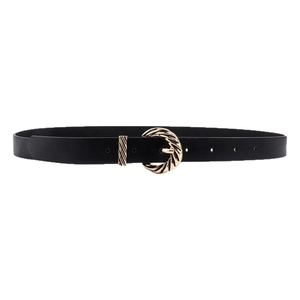 Fashionable women's black leather belt featuring a textured round golden metal buckle
