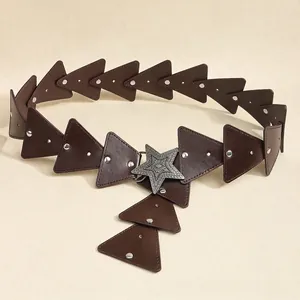 Retro bohemian brown leather belt featuring a vintage silver star buckle and metal rivets