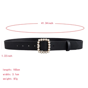Elegante cintura nera in ecopelle da donna con fibbia a perla e specifiche di dimensioni