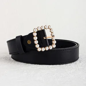 Cintura da Donna in Pelle PU Fibbia Quadrata con Künstliche Perle Cinturino in Vita Moda Pendolare Retro Elegante Versatile Nero Cintura
