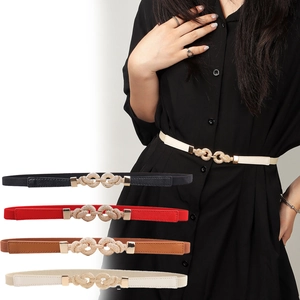 Women Fashion Elastic Thin Waist Belt Minimalist Interlocking Knot Buckle Gold Metal Stretch Skinny Belt For Dresses
