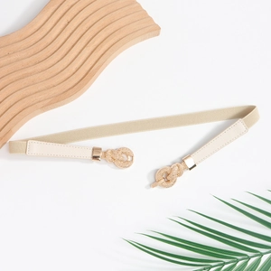 Chic beige elastic skinny waist belt for women with elegant golden twist buckle
