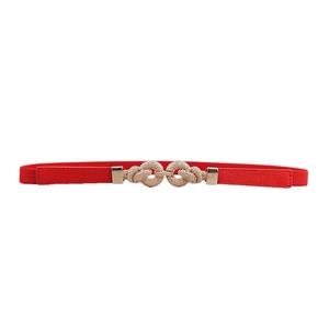 Red elastic skinny belt for women with golden interlocking knot buckle on white background