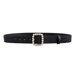 Elegante cintura nera da donna con fibbia quadrata decorata con perle stile vintage
