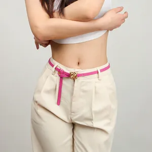 Fashion Women PU Leather Thin Belt Golden Rose Alloy Buckle Versatile Decorative Waist Strap For Dresses Pants Accessory