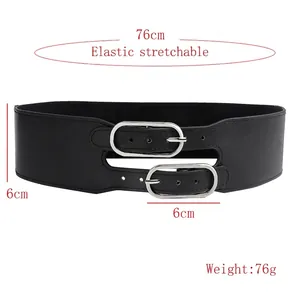 Ceinture large élastique noire pour femmes avec boucles doubles ovales argentées