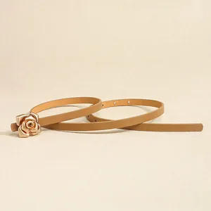 Fashionable women's thin khaki leather belt with elegant golden 3D rose buckle