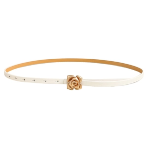 Elegant white skinny waist belt for women with a vintage golden rose metal buckle