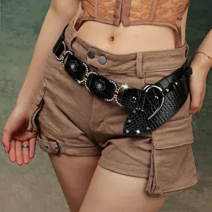 Ceinture Femme Vintage Punk en Cuir PU Motif Crocodile Avec Boucle Cœur et Strass Ceinture Large