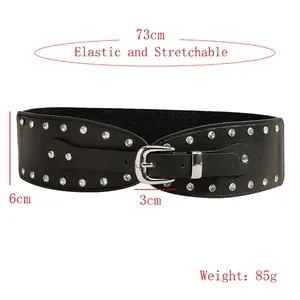 Ceinture punk vintage élastique noire cloutée pour femme avec boucle en argent