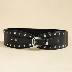 Ceinture large élastique noire pour femme avec strass double rang et boucle argent