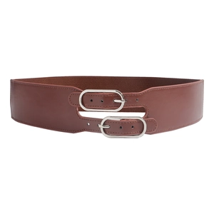 Large ceinture élastique marron foncé pour femme avec doubles boucles argentées pour robes