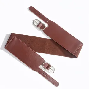 Large ceinture élastique marron avec boucle argentée à double ardillon pour robes