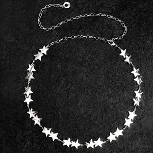 Fashionable silver star metal waist chain belt for women dresses with adjustable link closure
